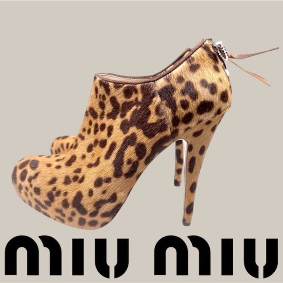 Miu Miu Leopard Print Ankle Bootie Brown Black High Heel 6 1/2 - Picture 1 of 11